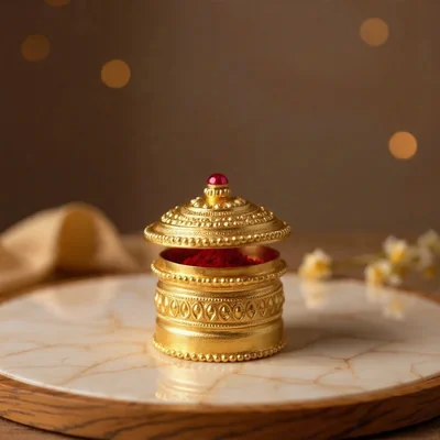 Golden Metal Kumkum Holder | Royal Kumkum Box for Pooja, Mandir, Thali, Home & Temple | Traditional Sindoor Box for Worship & Gifting (Gold plated pooja thali)